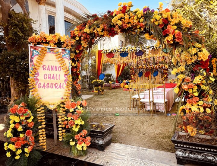 floral entrance, open air event, day time, catering company