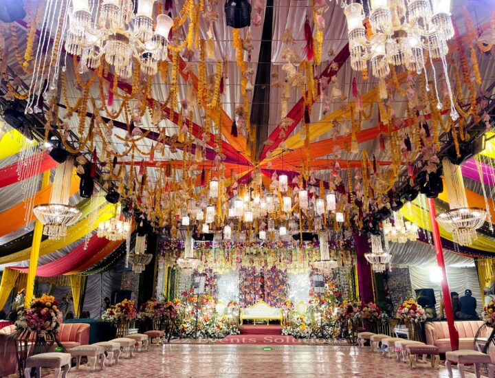 multicolored setup, colourful hanging decor, floral area decor, pakistani wedding